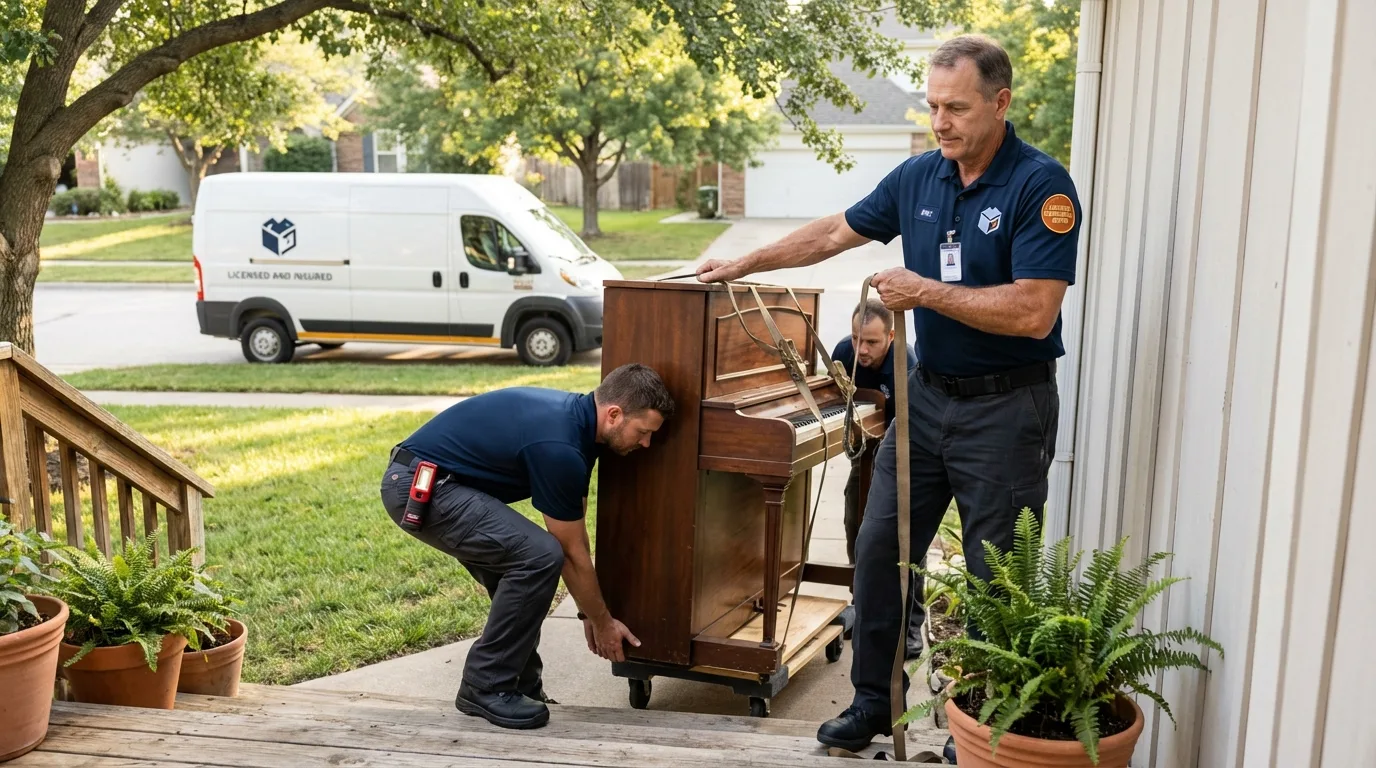 Licensed piano movers securing grand piano in Dadeville, AL