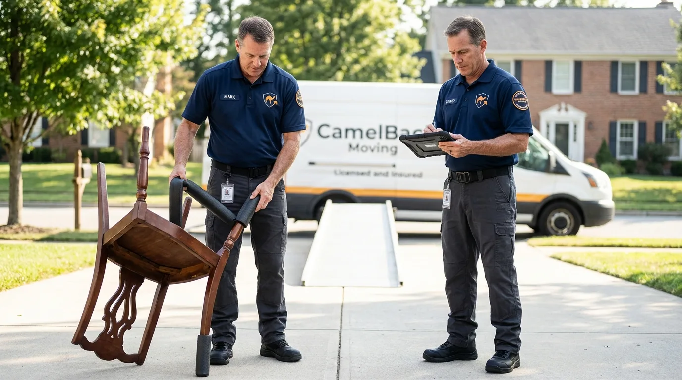 Movers inspecting furniture for damage prevention before loading in Dadeville, AL