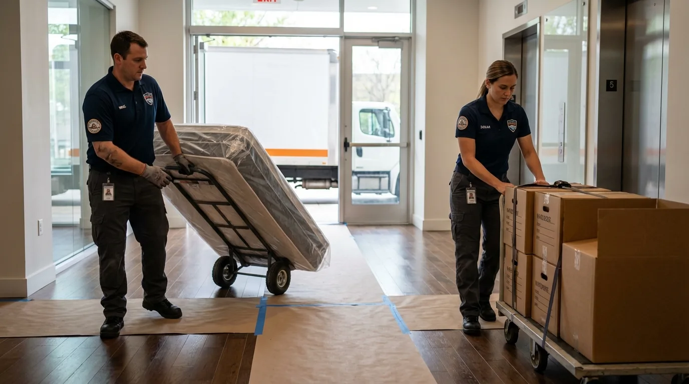Professional apartment movers loading elevator in Dadeville, AL