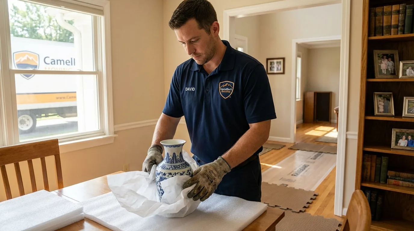 Professional crew carefully wrapping antique vase for senior downsizing move in Dadeville, AL